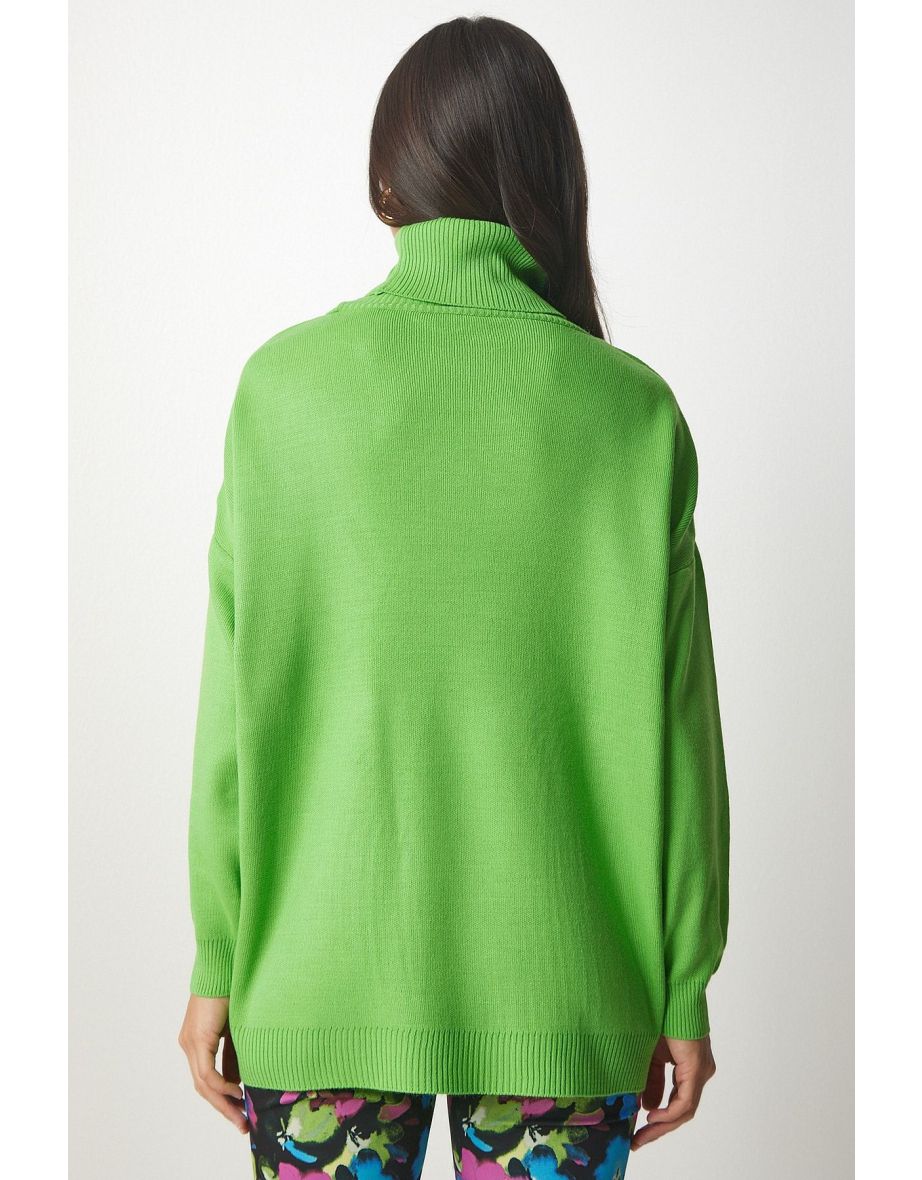 Women's Light Green Turtleneck Oversize Knitwear Sweater - 4