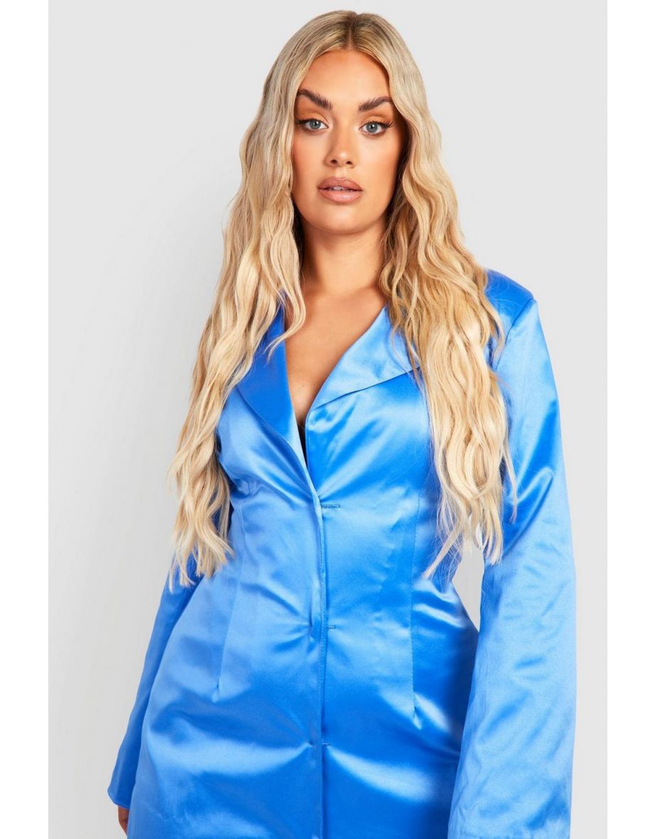 Plus Power Shoulder Satin Blazer Dress - blue - 3