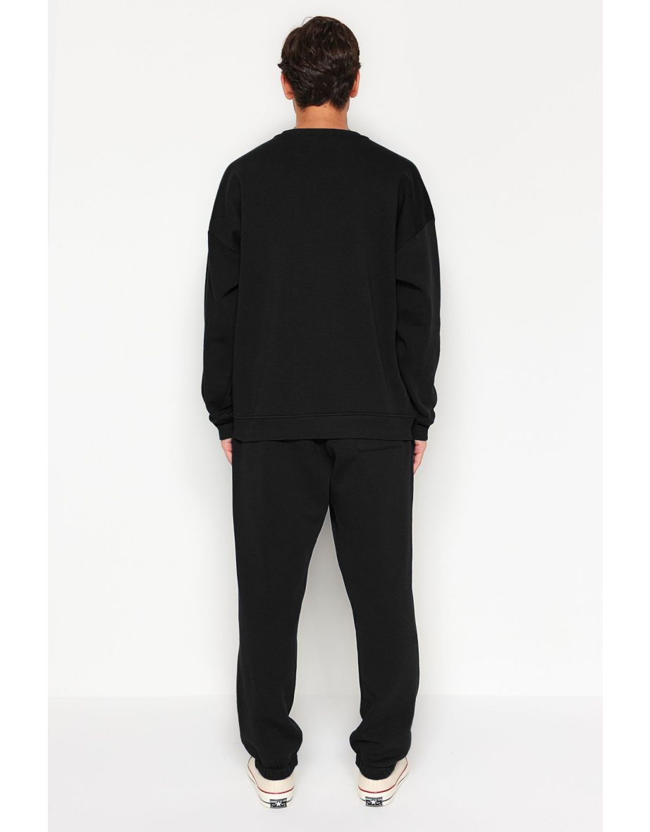 Black Oversize / Wide Cut Text Printed Tracksuit Set with Fleece Inside - 8