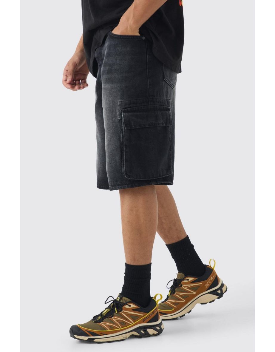 Regular Cargo Denim Jorts - washed black