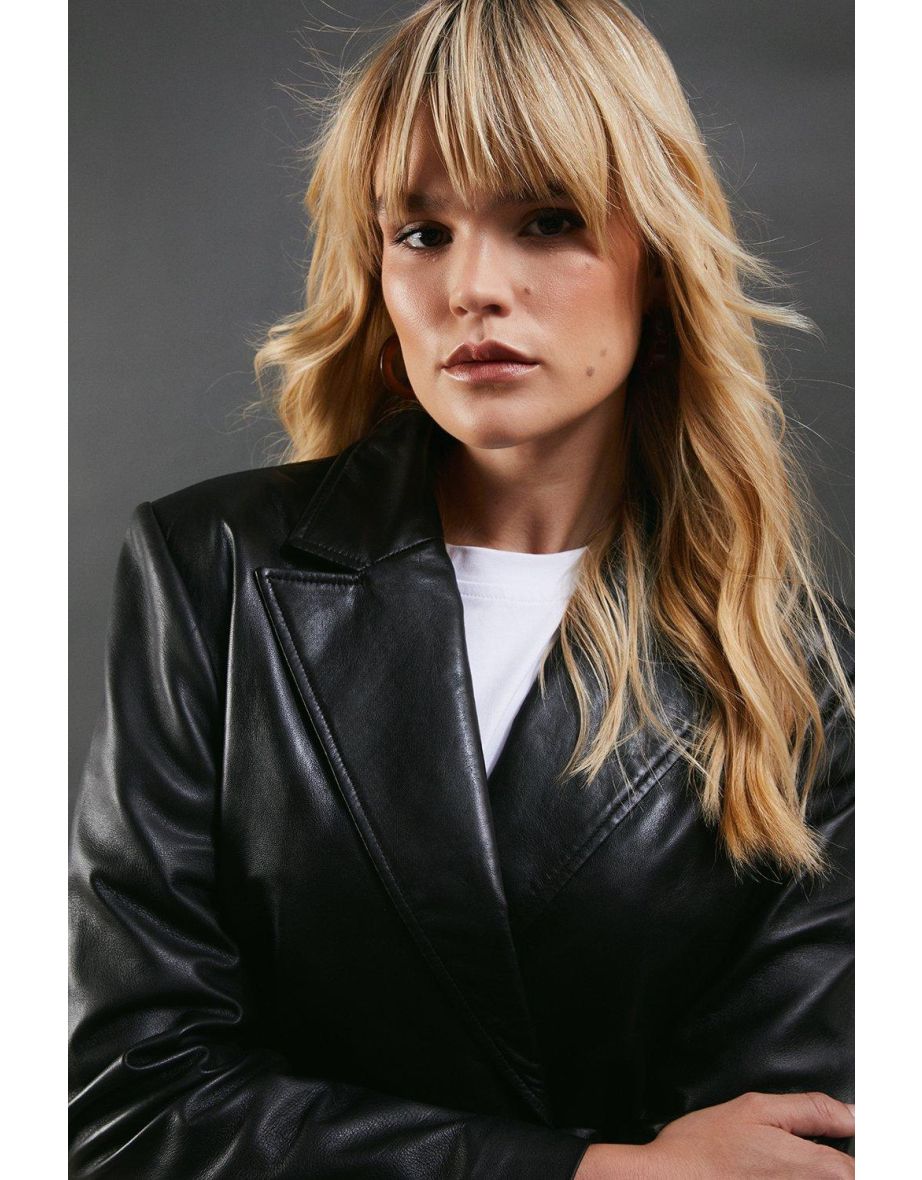 Real Leather Double Breasted Oversized Blazer - 3