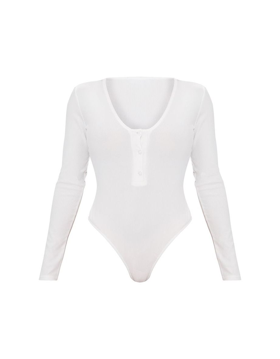 Shape White Button Detail Long Sleeve Ribbed Bodysuit - 4