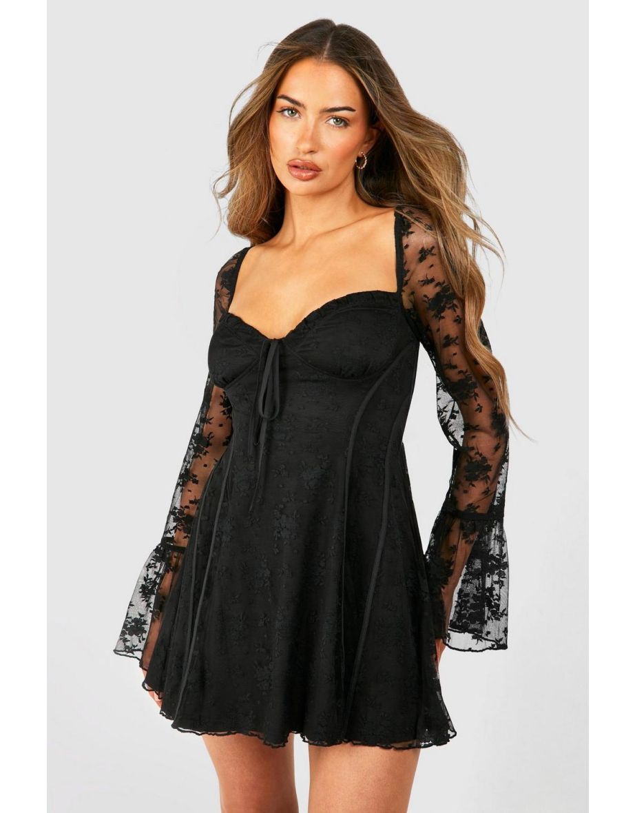 Lace Baby Doll Flare Sleeve Mini Dress - black
