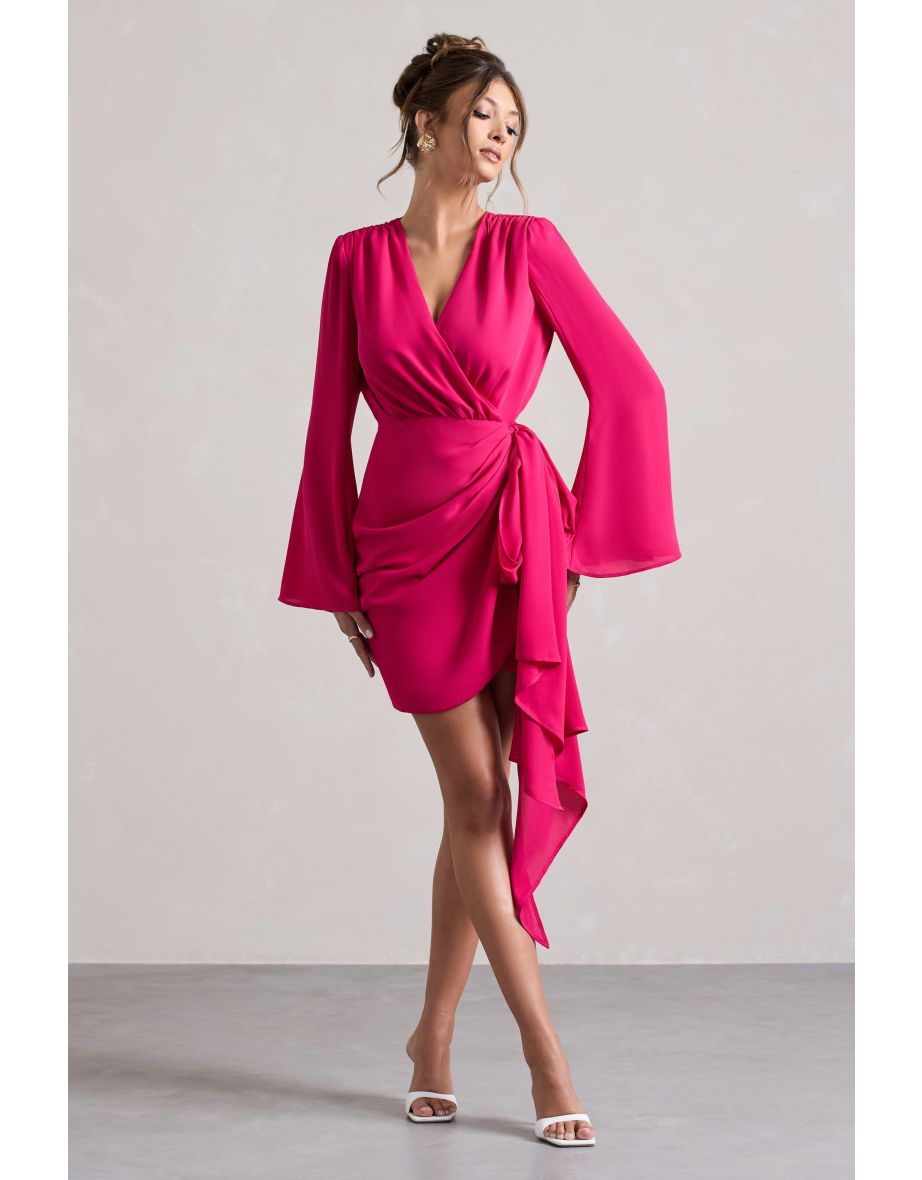 Alinta | Hot Pink Long-Sleeve Wrap Mini Dress - 4