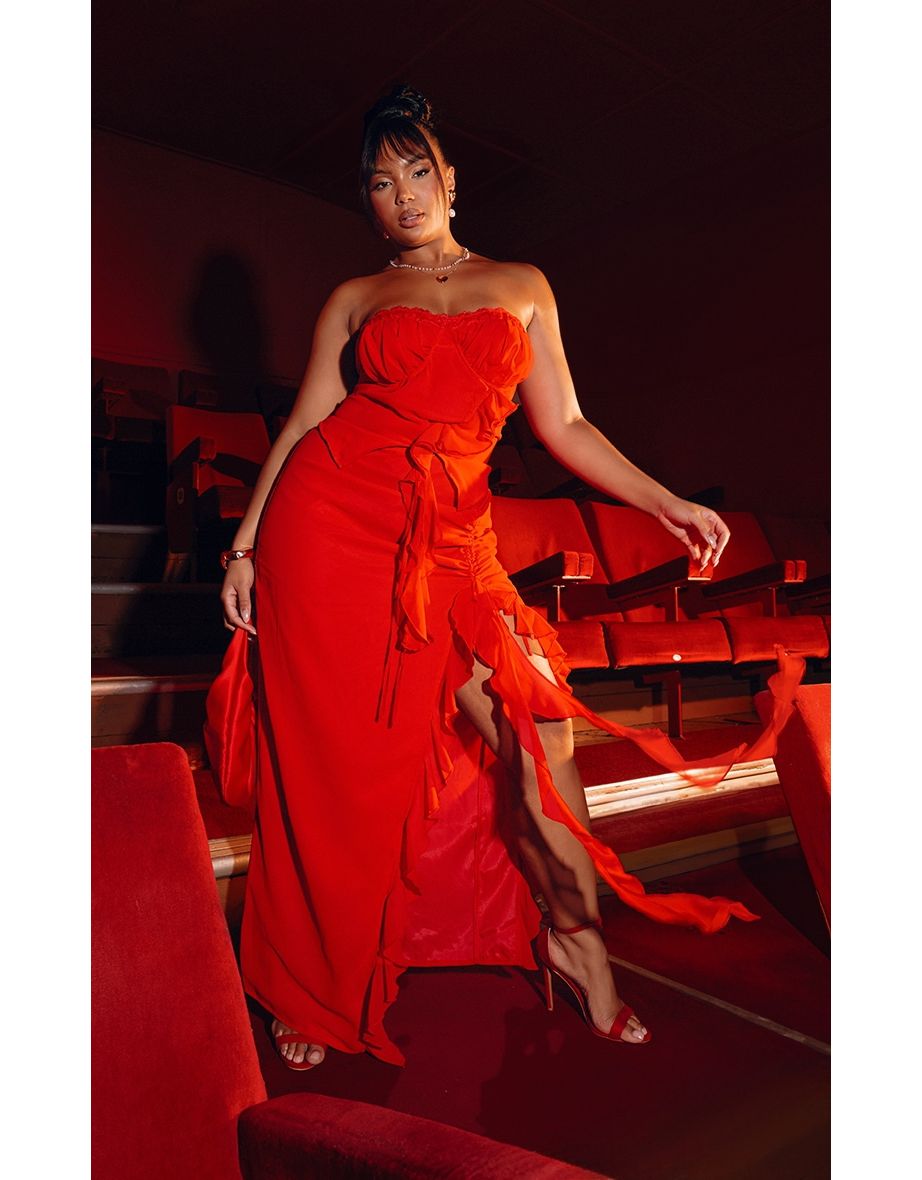 Plus Red Ruffle Front Detail Midi Skirt