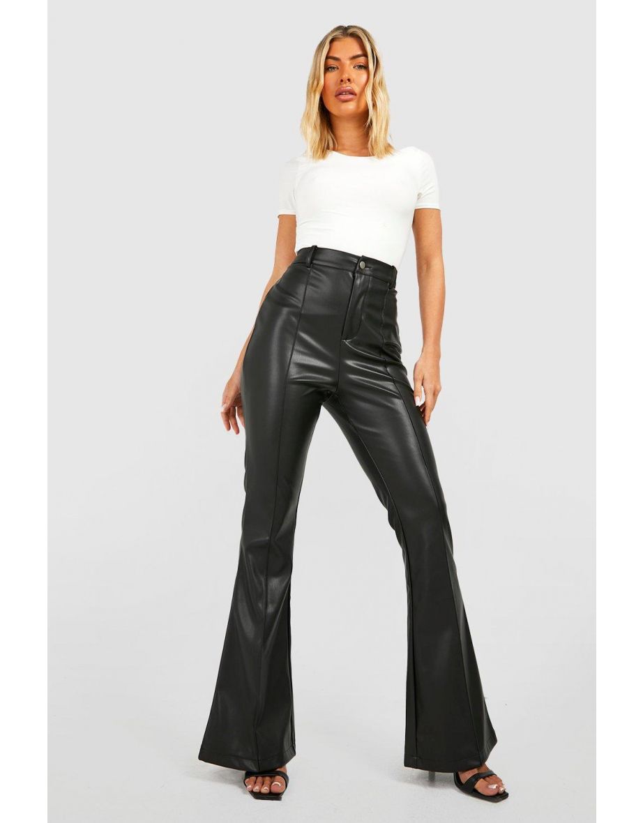 Leather Look Tailored High Waisted Flared Trousers - black