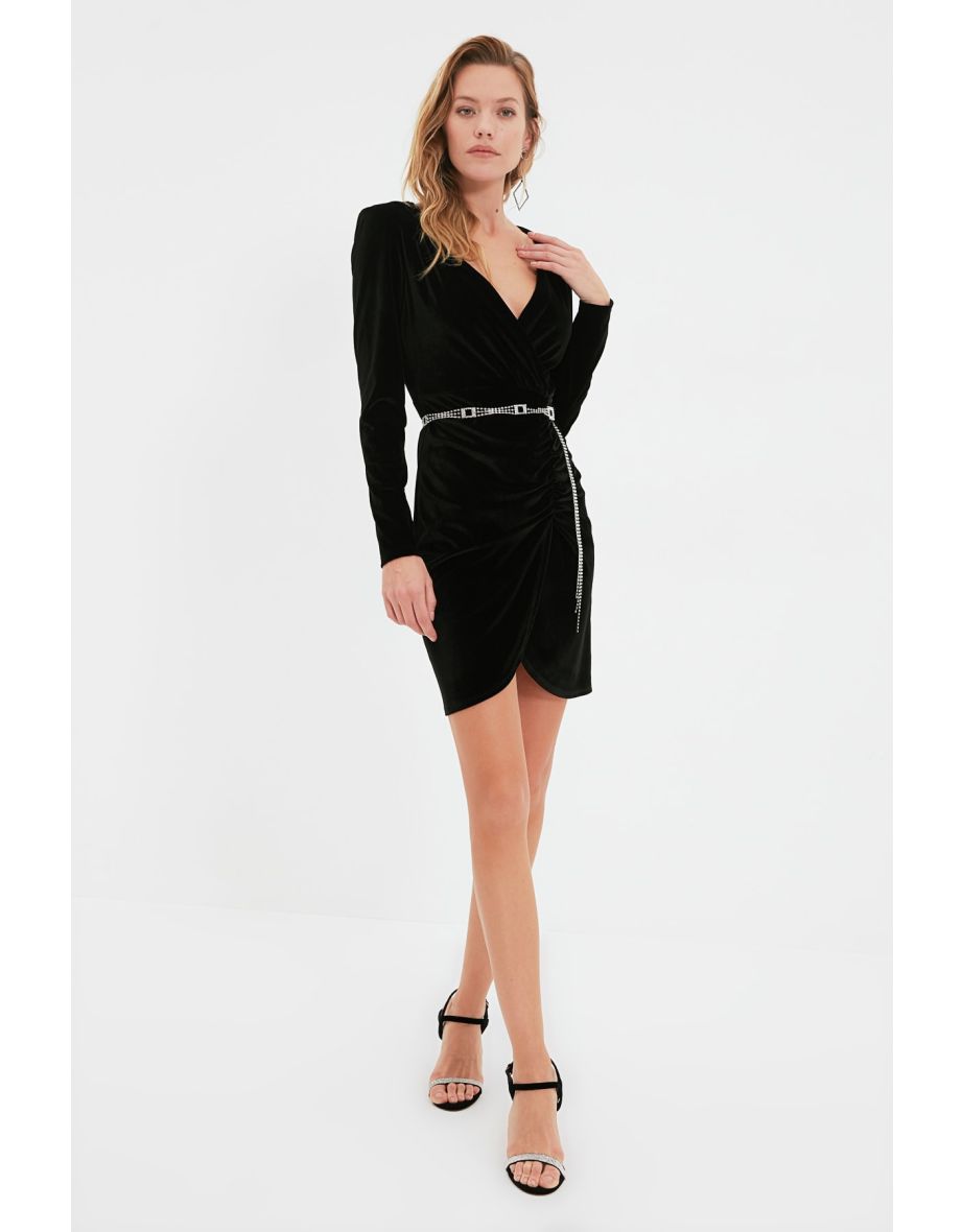 Black Velvet Ruched Bodycon Mini Evening Dress with Long Sleeves