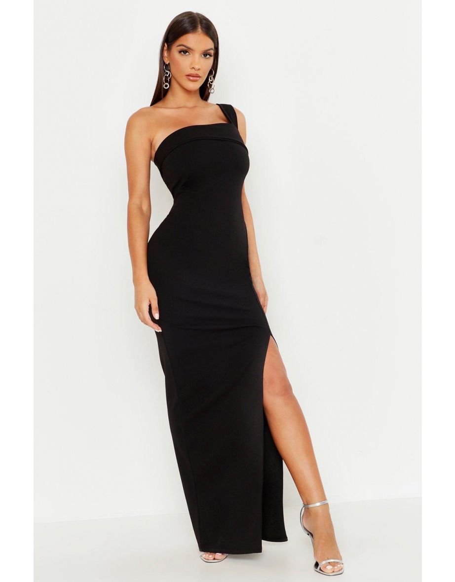 One Shoulder Thigh Split Maxi Dress - black