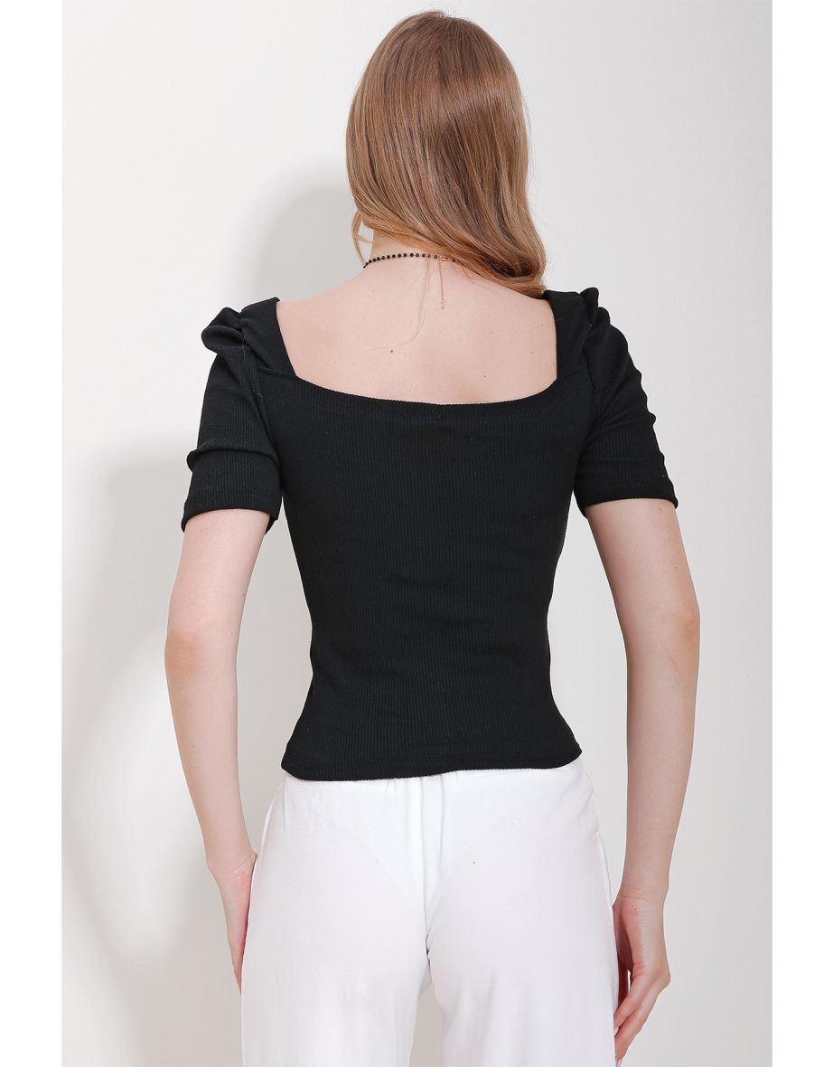 Women's Black Square Neck Princess Sleeve Regular Fit Blouse - 4