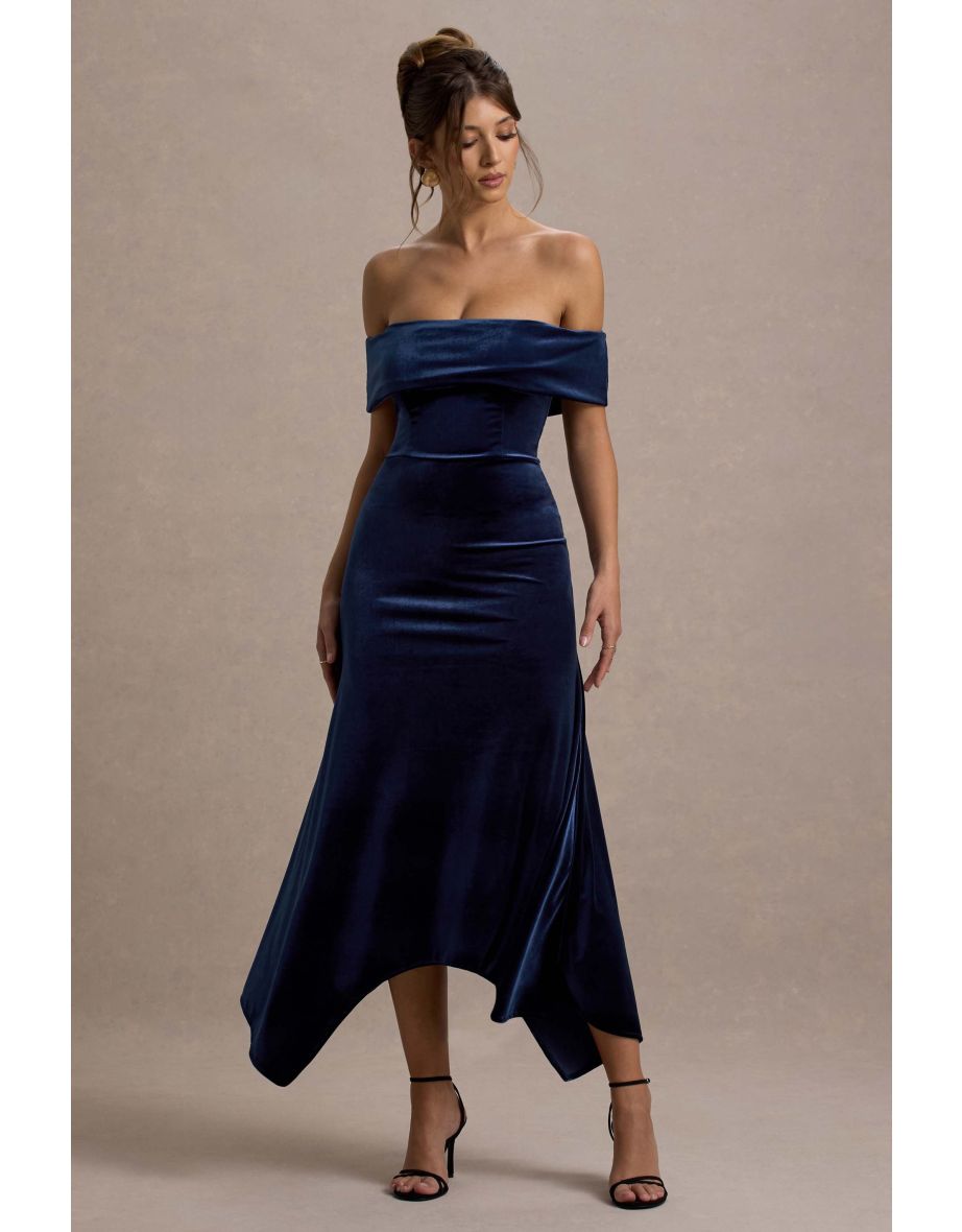 Halia | Navy Velvet Bardot Maxi Dress