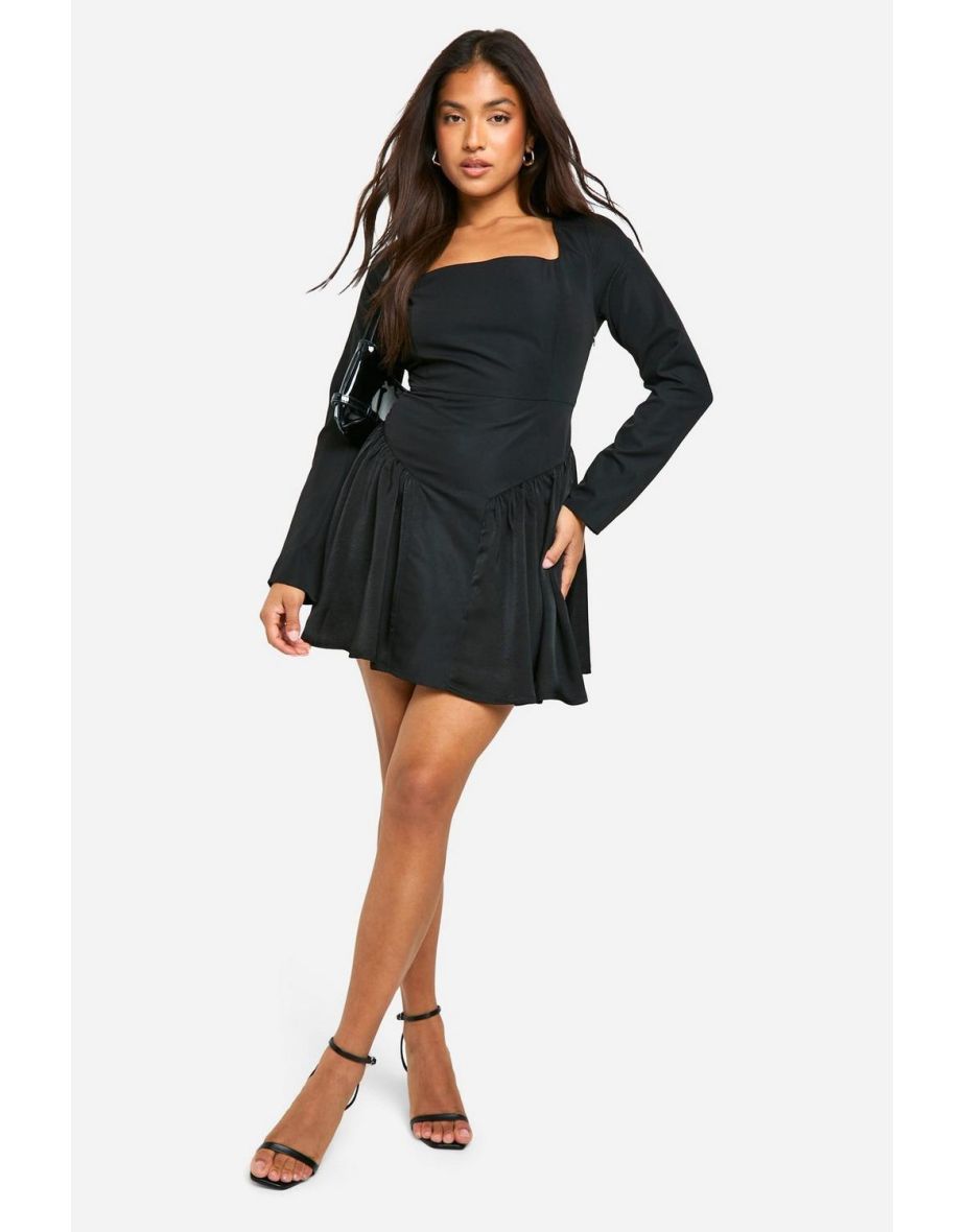 Petite Square Neck Drop Waist Skater Dress - black