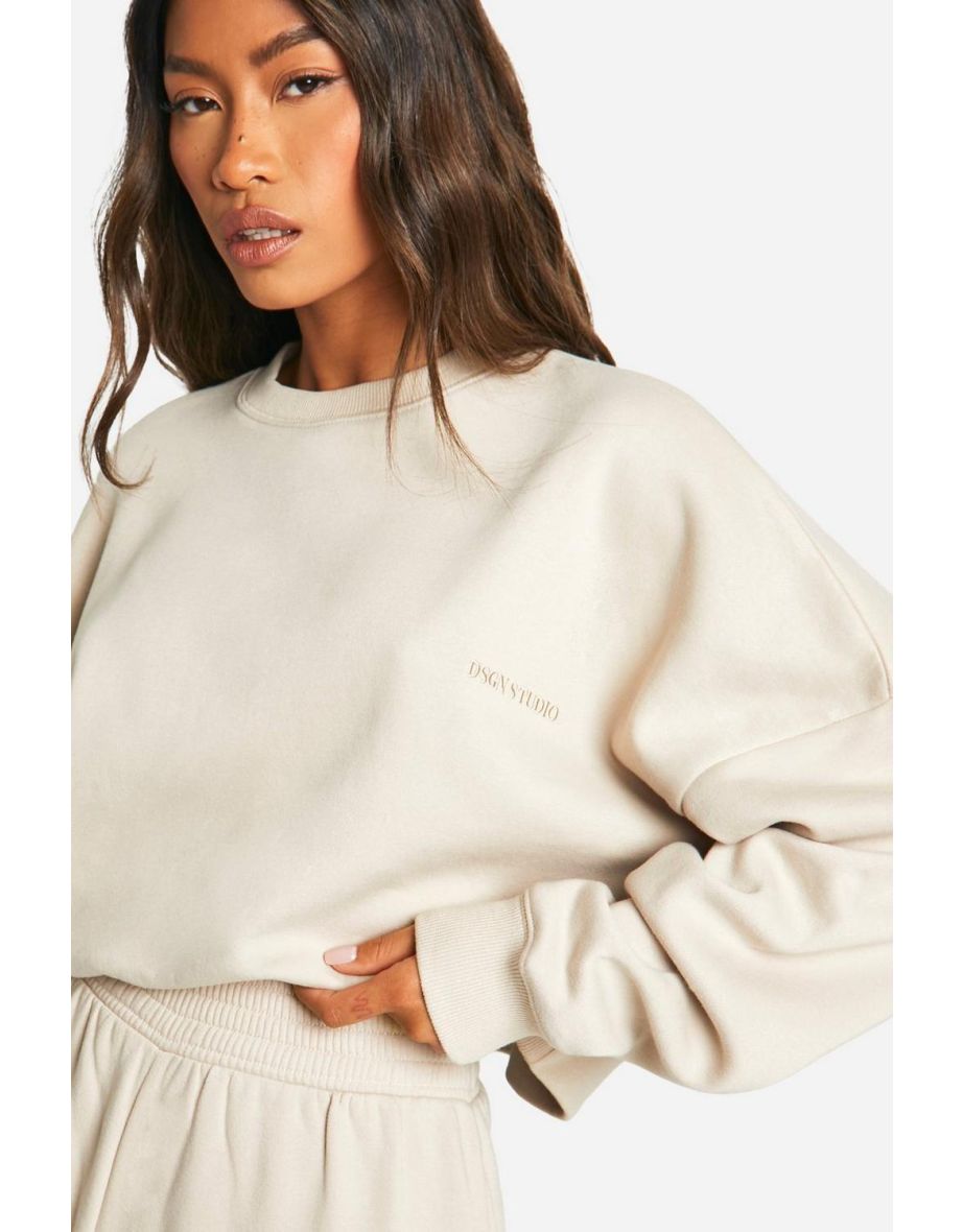 Dsgn Studio Embroidered Boxy Crop Sweatshirt - stone - 3