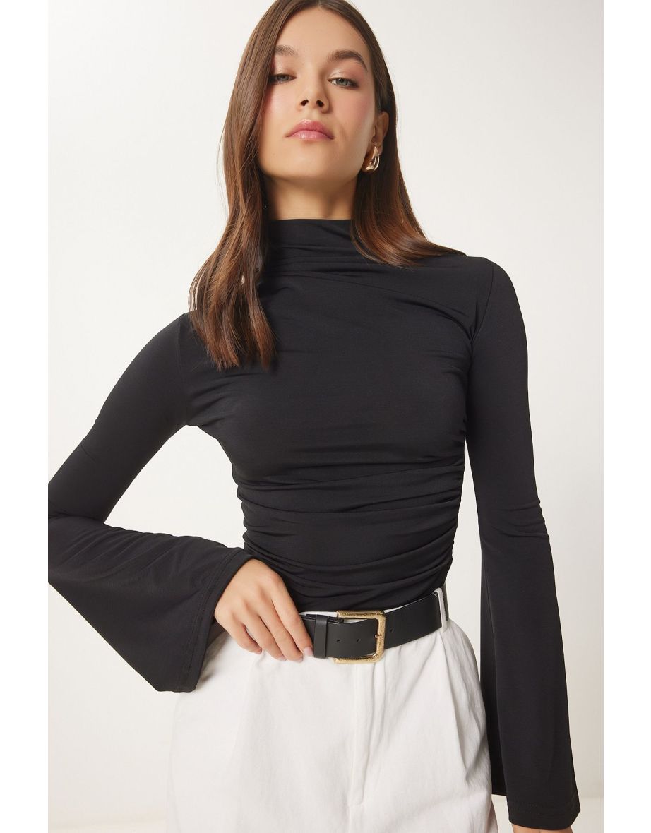 Women's Black Spanish Sleeve Gathered Sandy Knitted Blouse