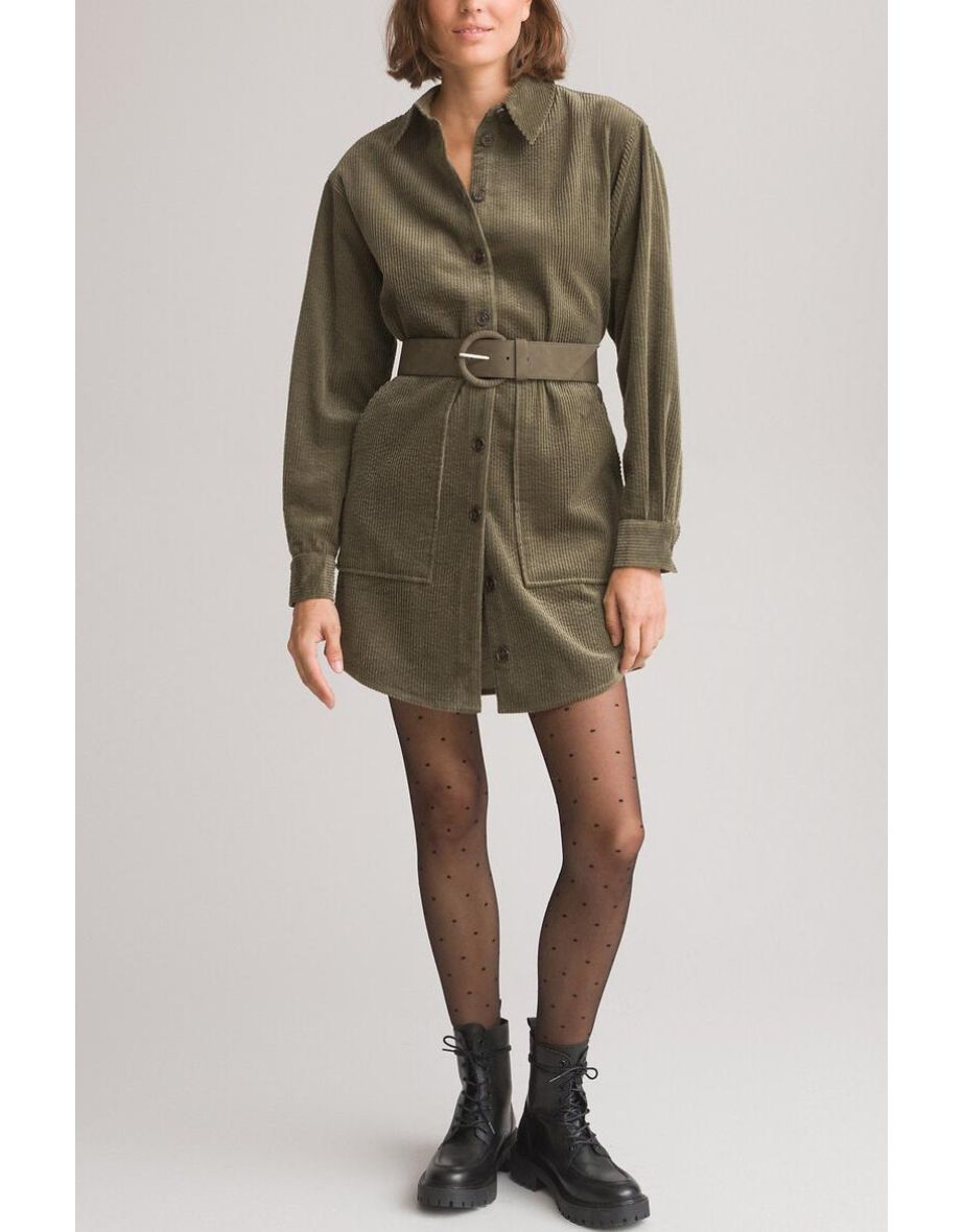 Les Signatures - Cotton Mini Shirt Dress in Corduroy