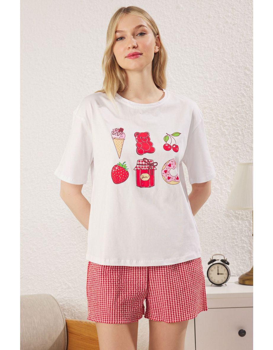 Red-White Checkered Shorts Top Knitted Bottom Woven Pajama Set