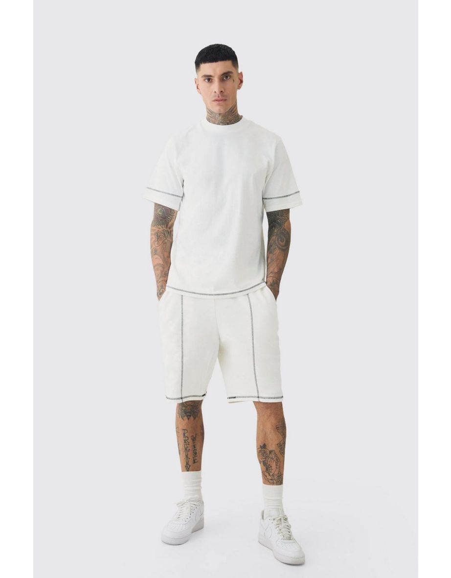 Tall Oversized Extended Contrast Stitch T-shirt & Short Set - stone