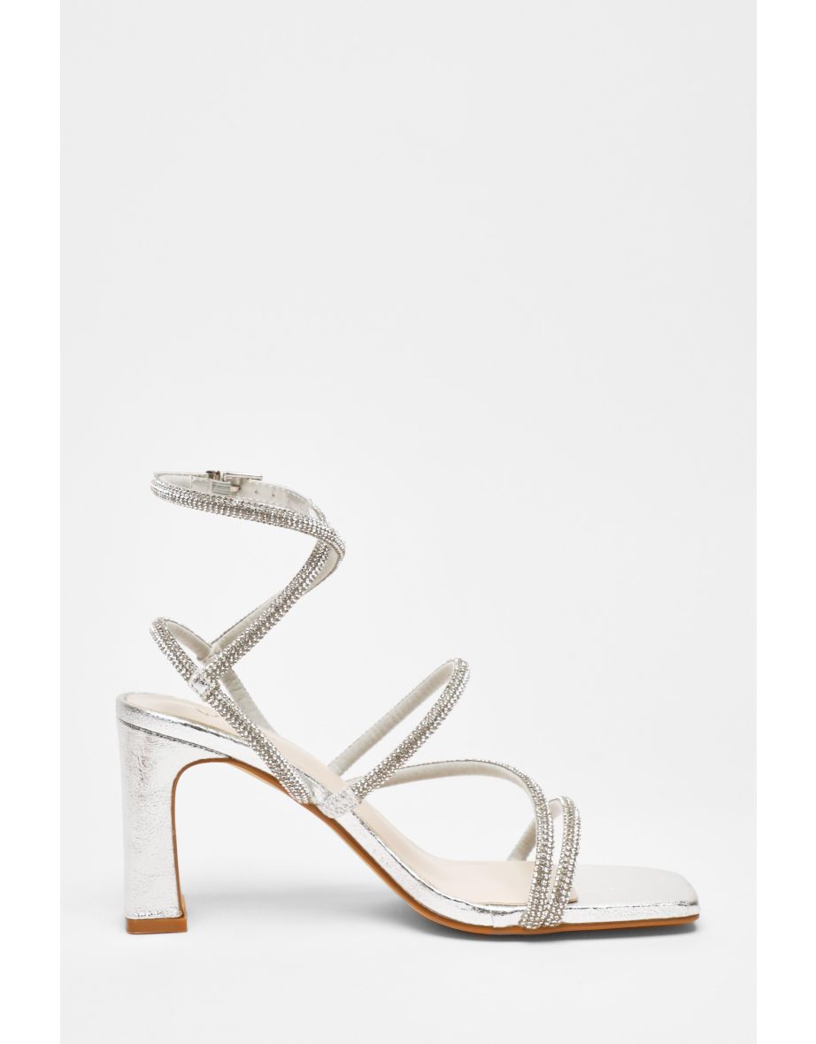 Quiz Silver Diamante Strappy Block Heeled Sandals - 4