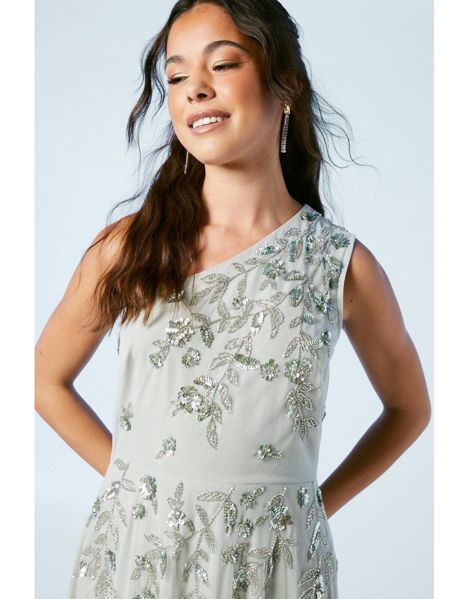 Trailing Foliage Embellished One Shoulder Bridesmaids Dress - 3