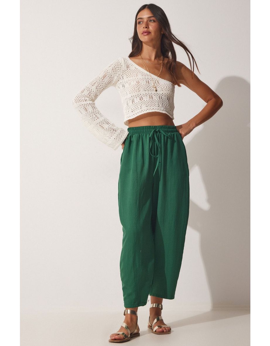 Women's Dark Green Linen Baggy Baggy Pants