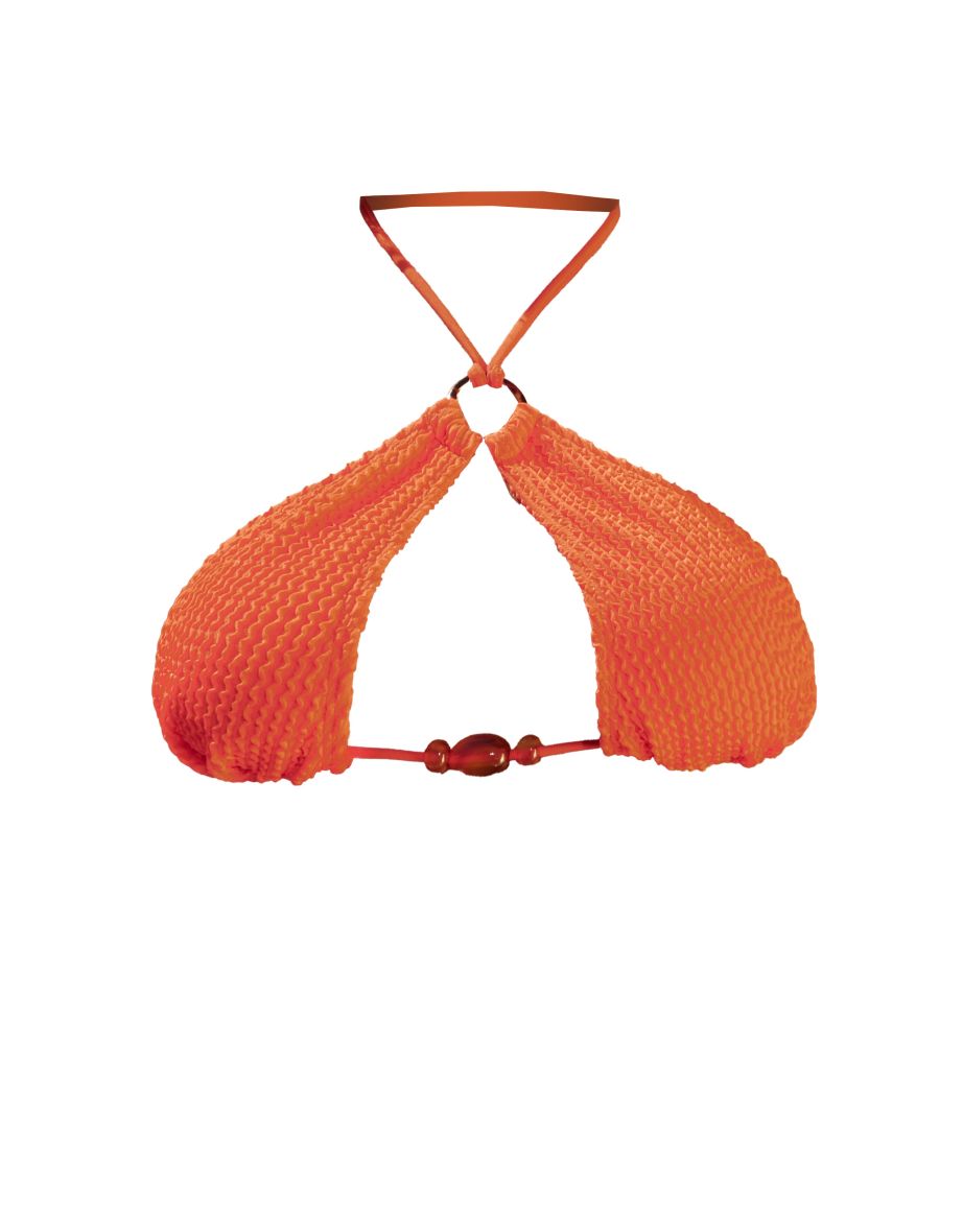 Orange Crinkle Bead Trim Halter Neck Bikini Top - 4