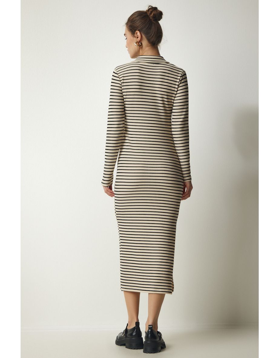 Women's Beige Polo Neck Striped Camisole Dress - 4