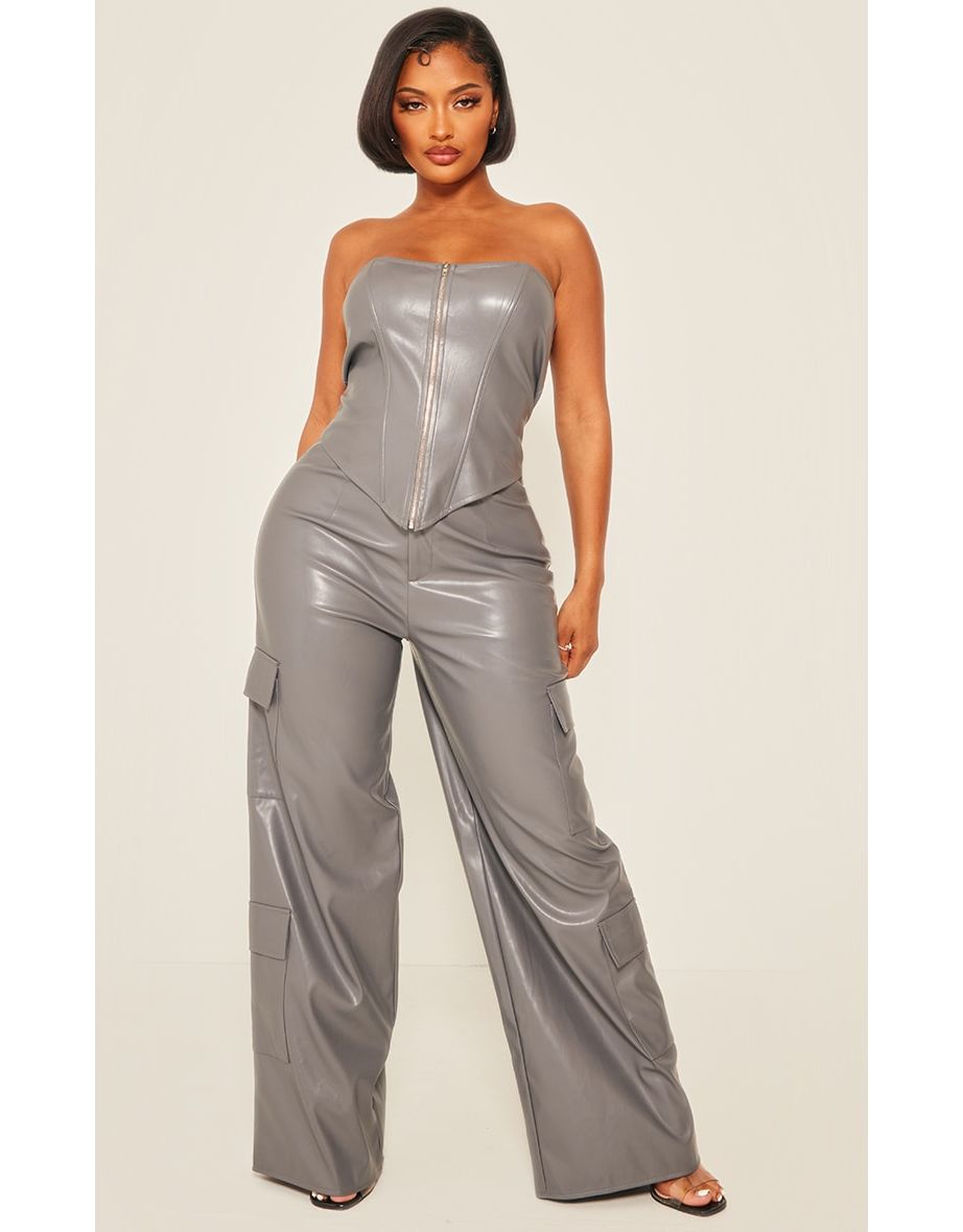 Shape Charcoal Faux Leather Straight Leg Cargo Trousers