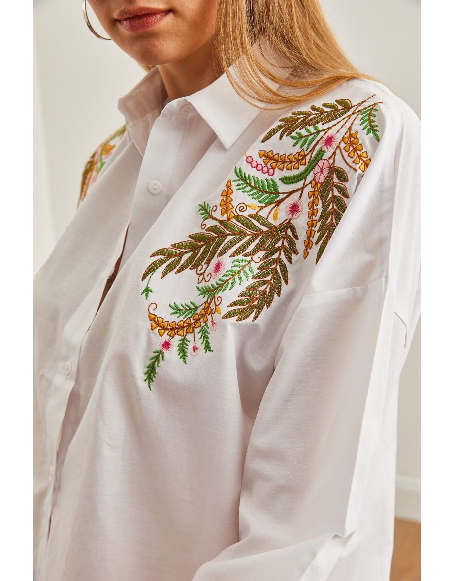 Women's Leaf White Embroidery Detailed Oversize Woven Shirt - 5