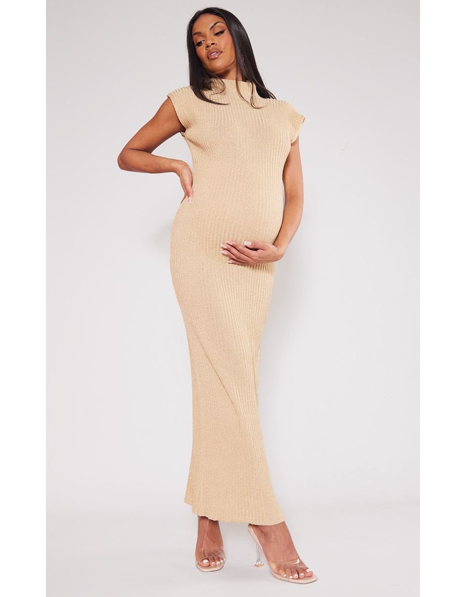 Shop Maternity Gold Knit High Neck Maxi Dress Online in Oman VogaCloset