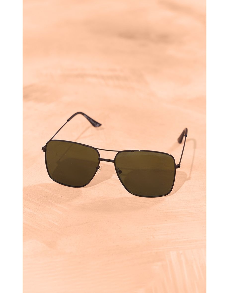 Black Thin Metal Frame Aviator Sunglasses - 2