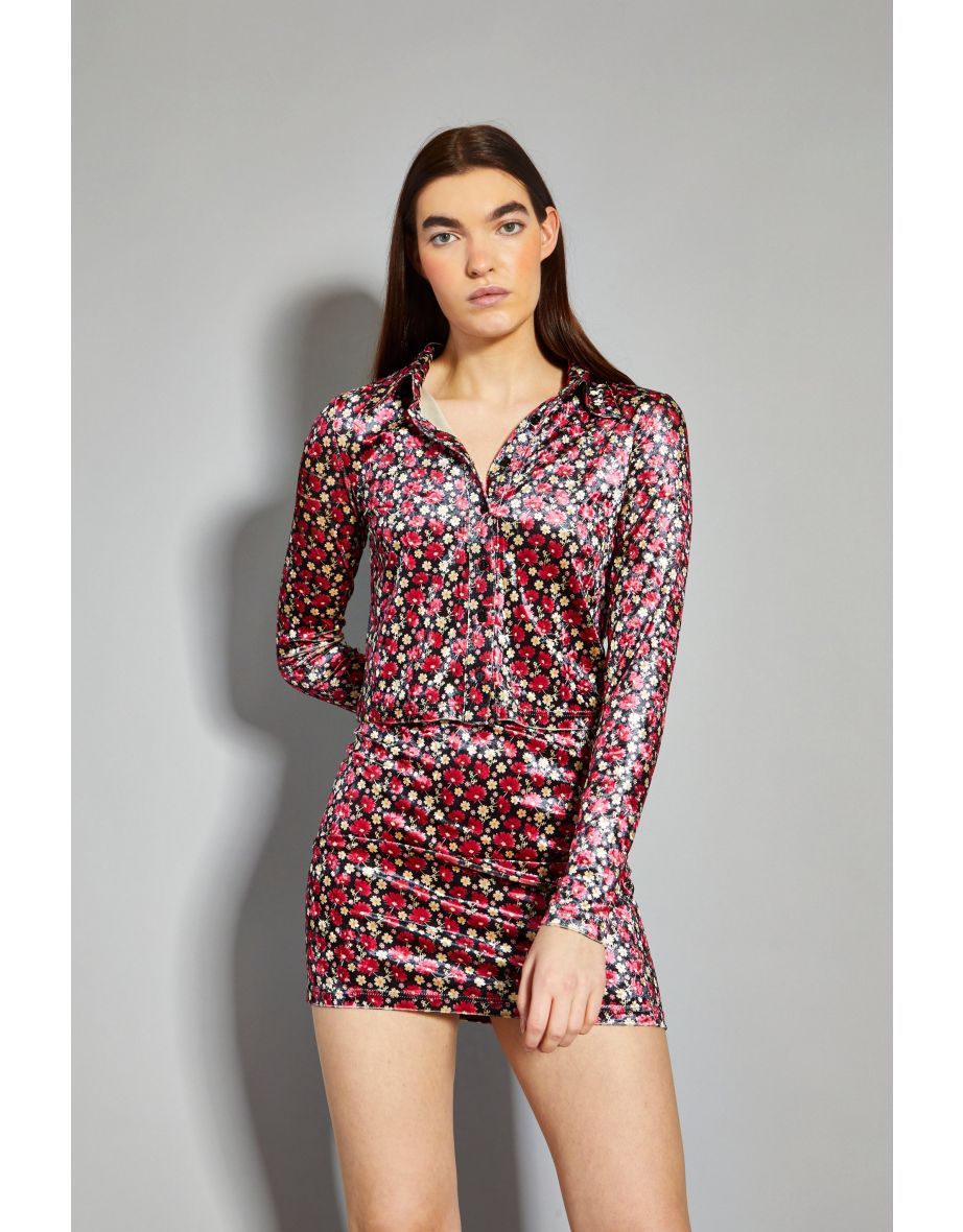 Glamorous Floral Print Velvet Button Front Shirt - 3
