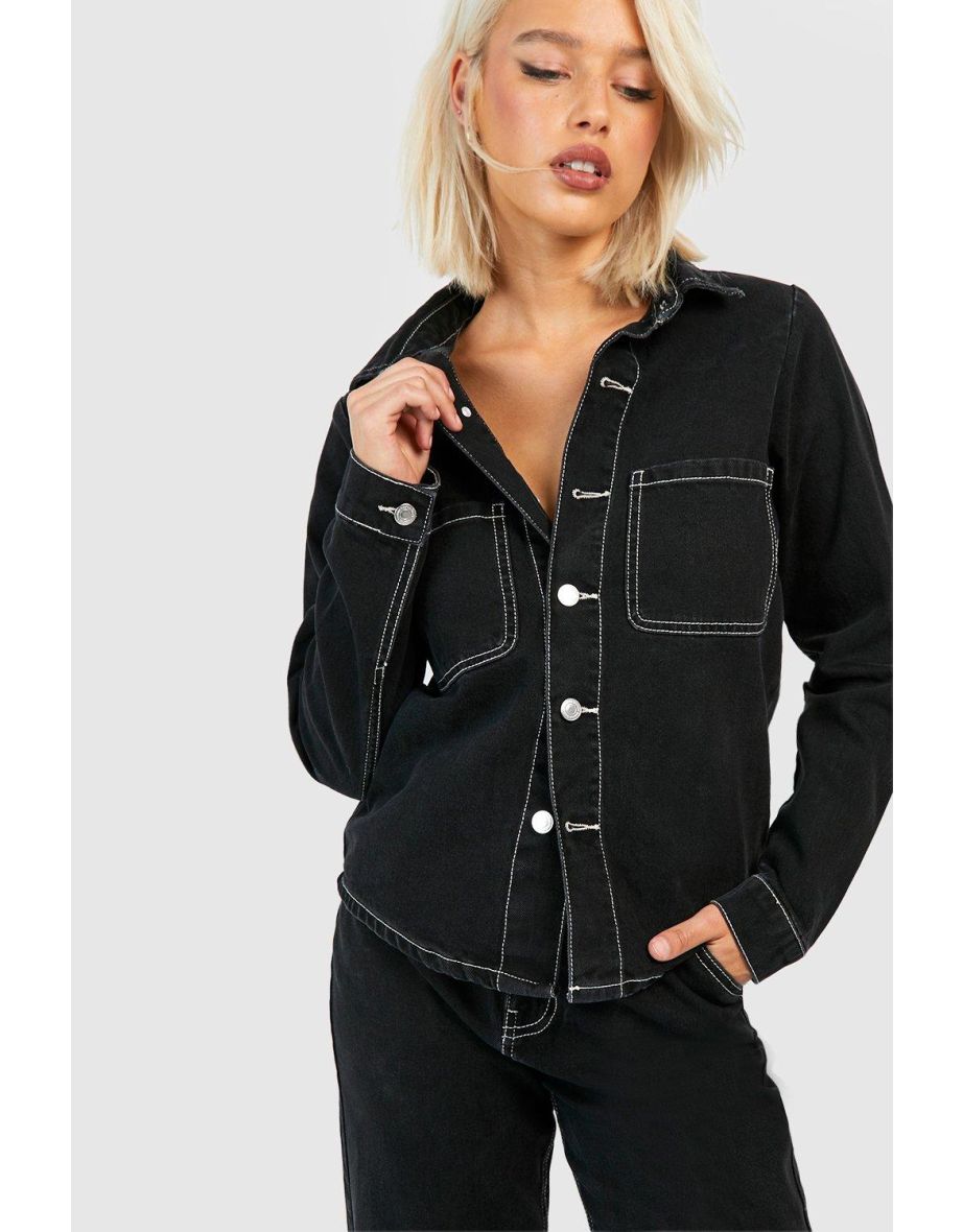 Contrast Stitch Denim Shirt - black - 3