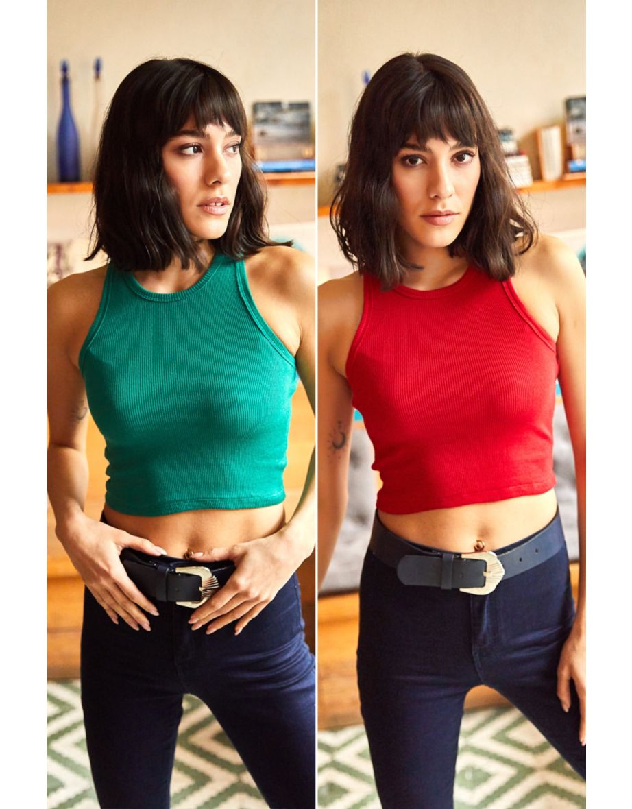 Women's Green Red Rambo 2-pack Lycra Knitted Crop Top