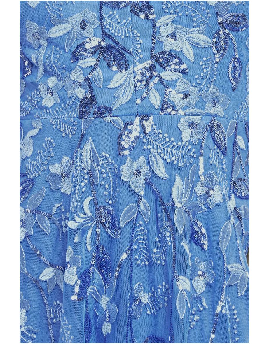 Goddiva Flared Sleeve Embroidered Maxi Dress - Cornflower Blue - 3