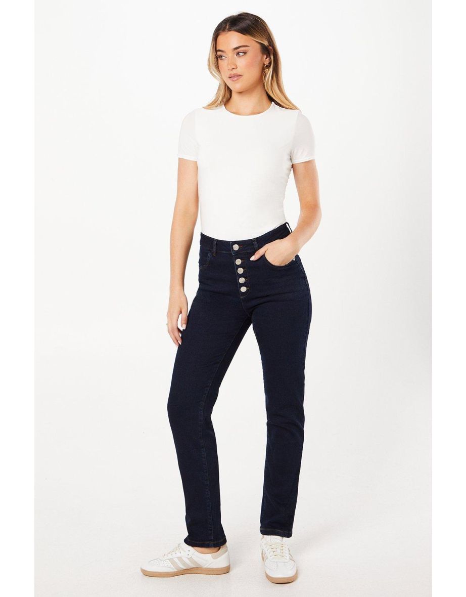 High Rise Straight Button Detail Jeans