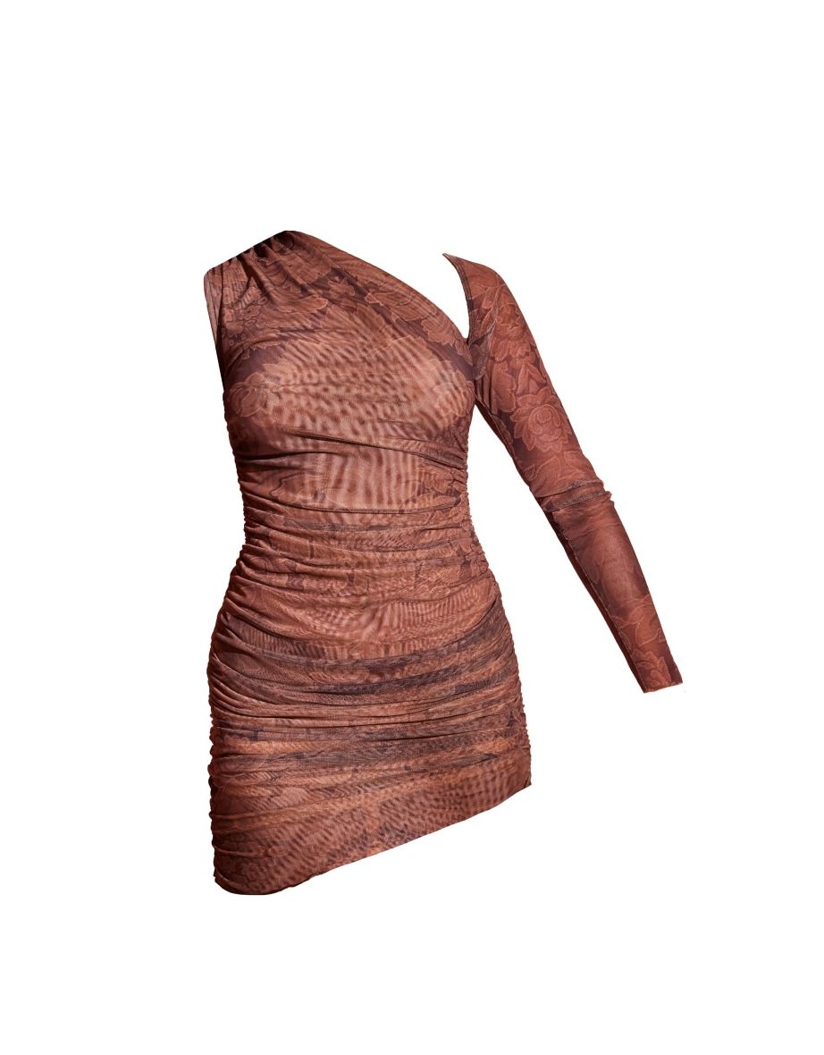 Light Brown Floral Print Mesh Asymmetric Bodycon Dress - 4