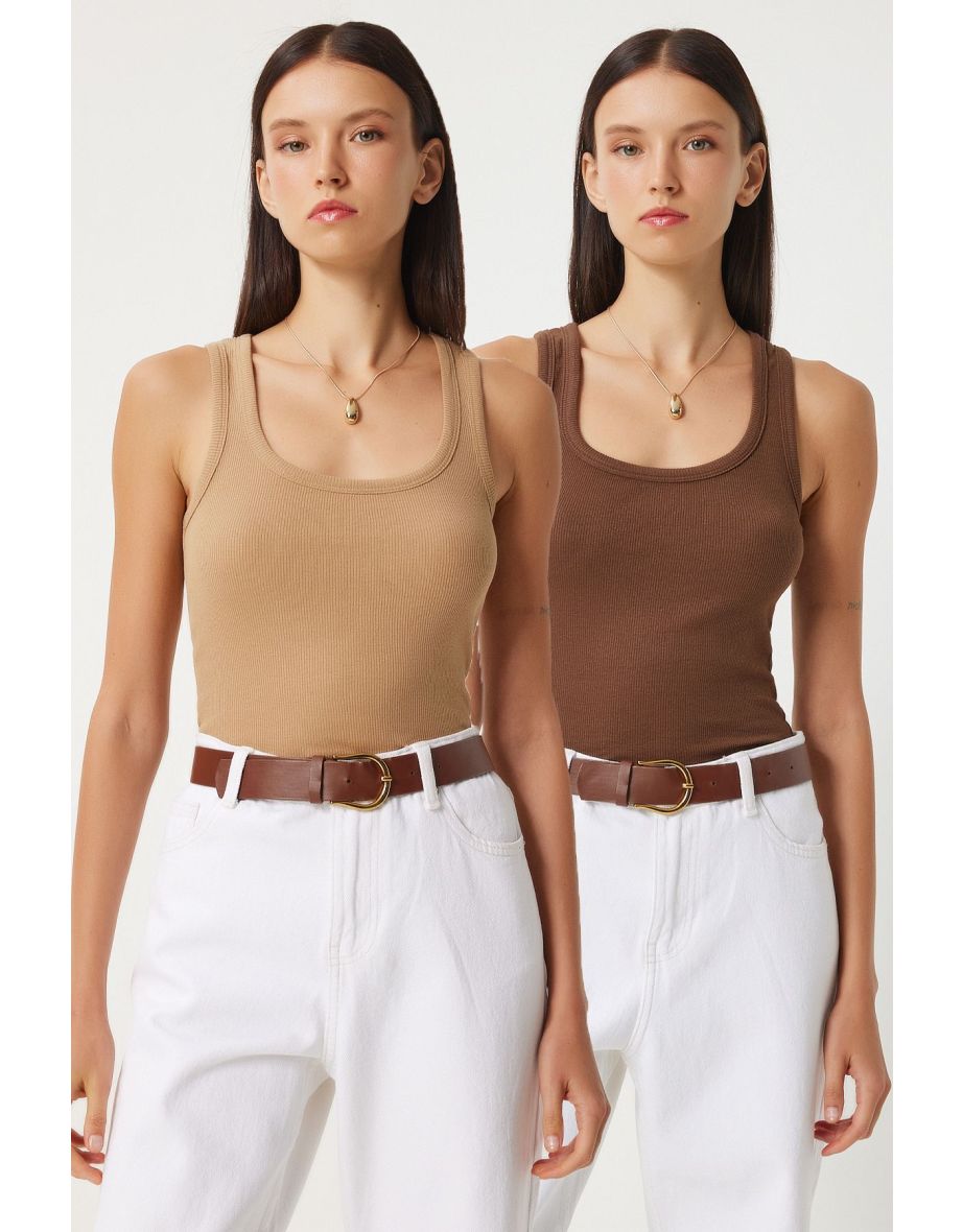 Women's Brown Biscuit 2-Piece Ribbed Thick Strappy Knitted Undershirt