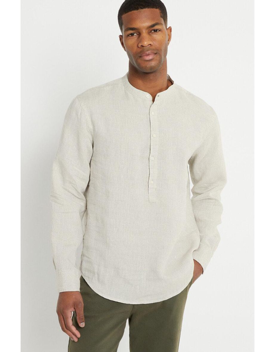 Linen Mandarin Collar Shirt in Regular Fit