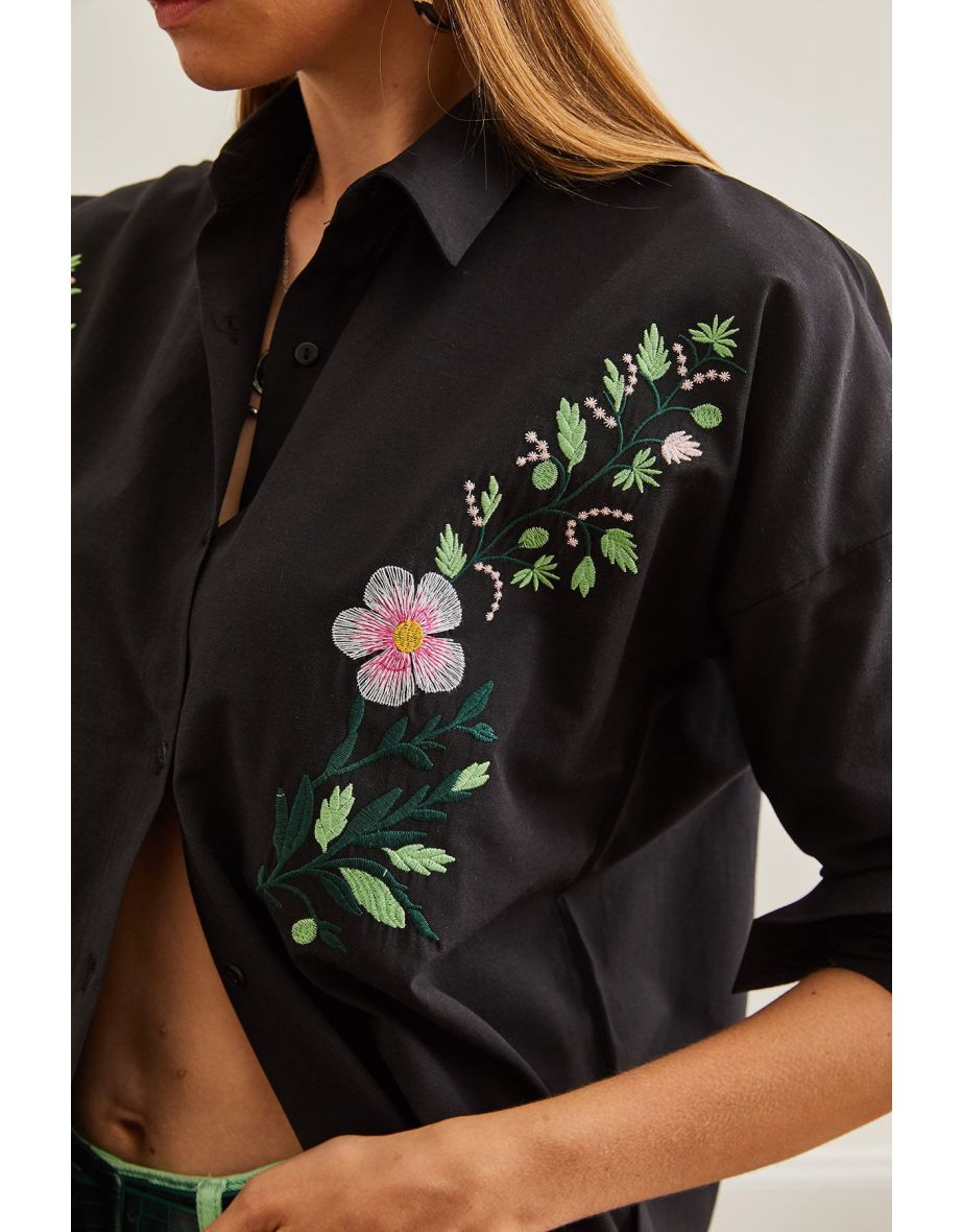 Women's Violet Black Embroidery Detailed Oversize Woven Shirt - 7