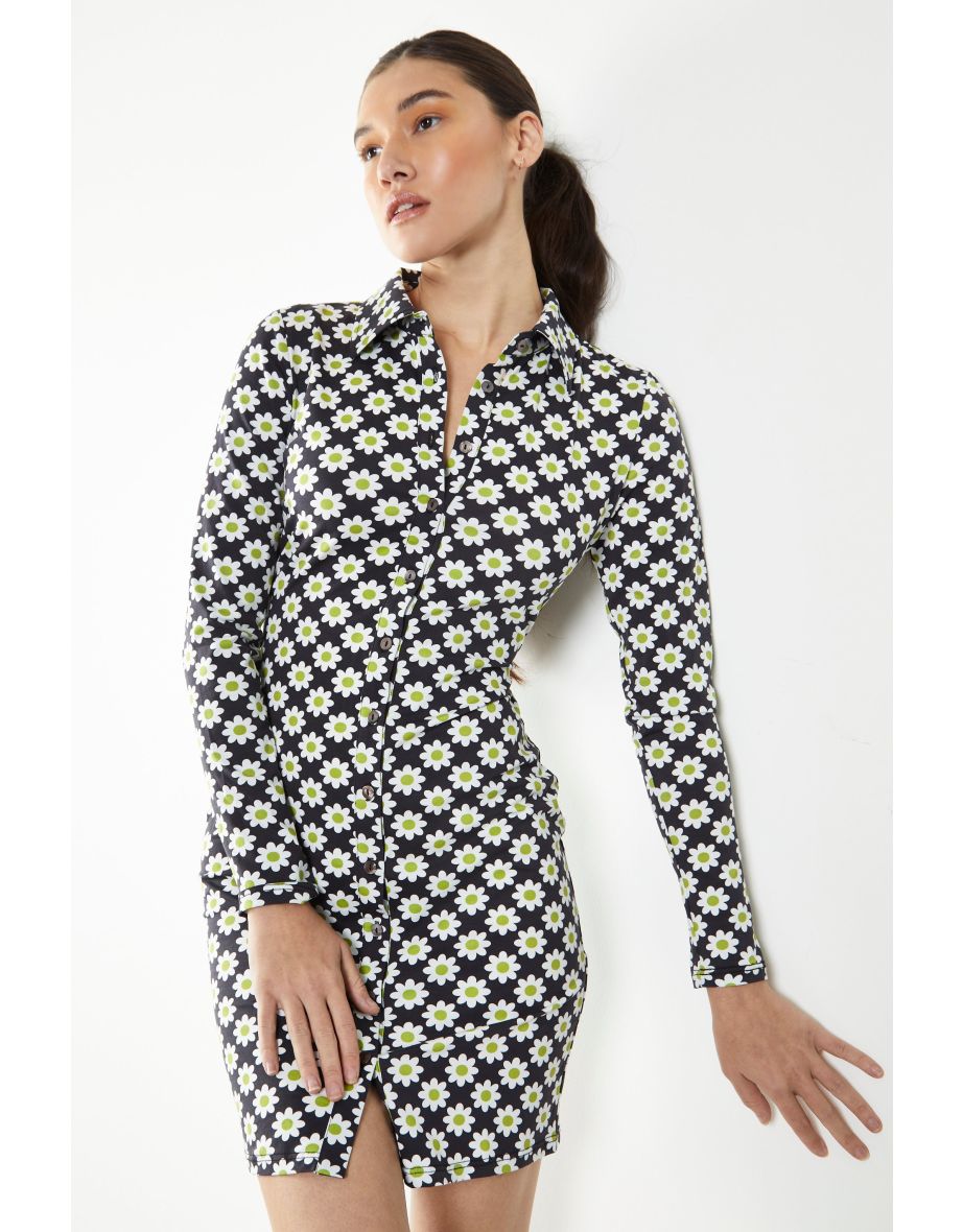 Glamorous Sixties Flower Jersey Long Sleeve Bodycon Dress with Collar - 3