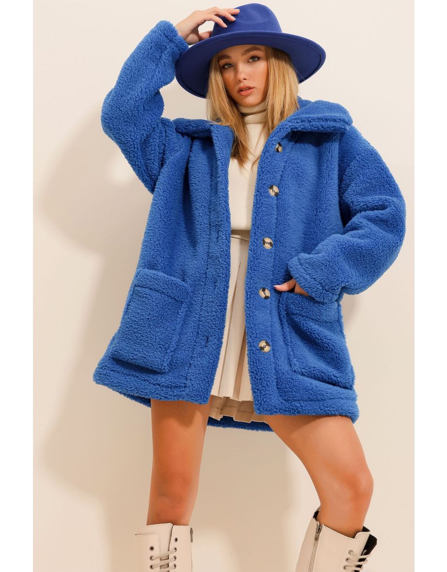 Women's Saxon Polo Neck Double Pockets Front Buttoned Plush Coat