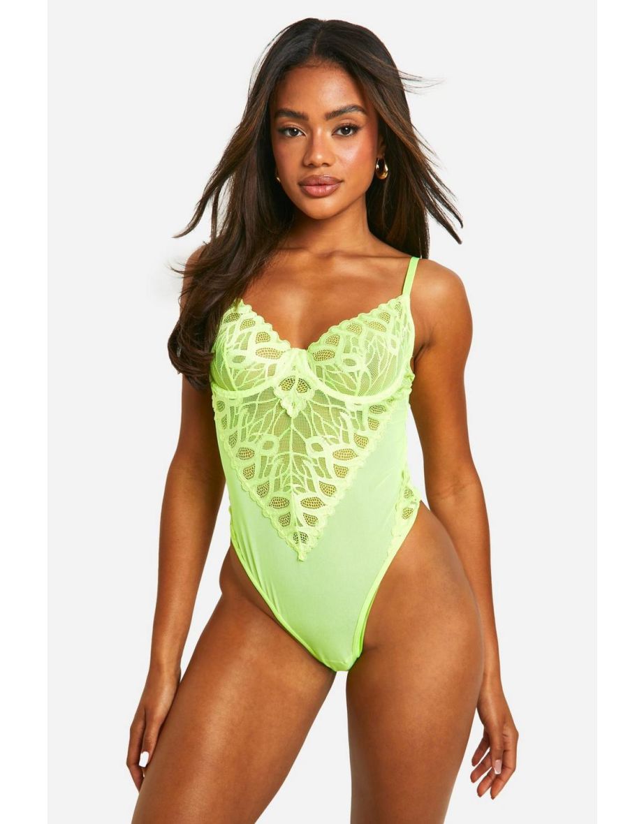Neon Mesh Panel Bodysuit - neon-yellow