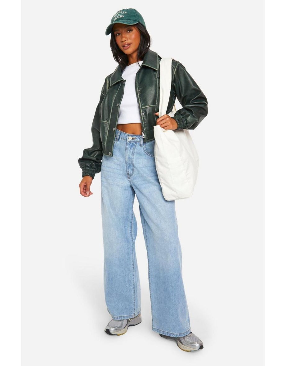 Petite Vintage Look Faux Leather Jacket - teal