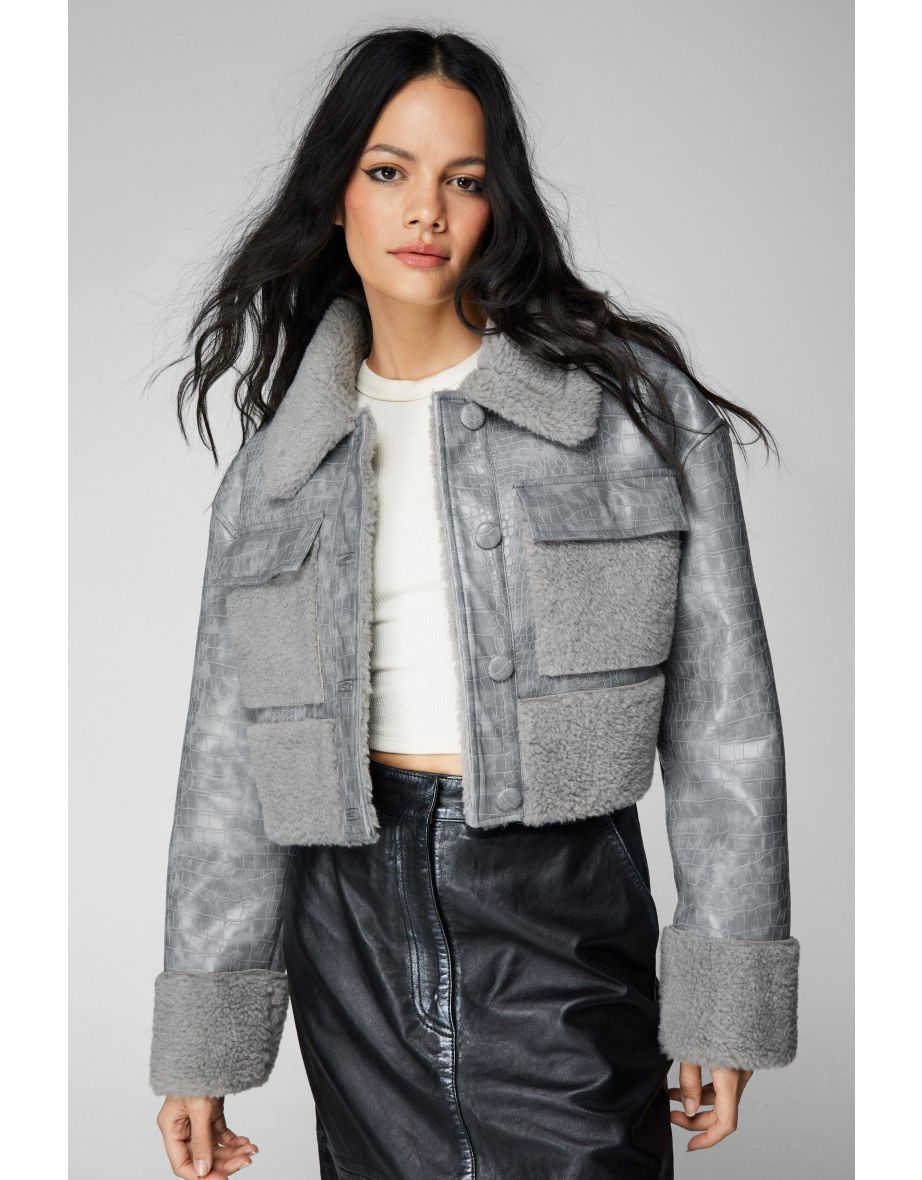 Premium Croc Embossed Faux Leather Aviator Jacket