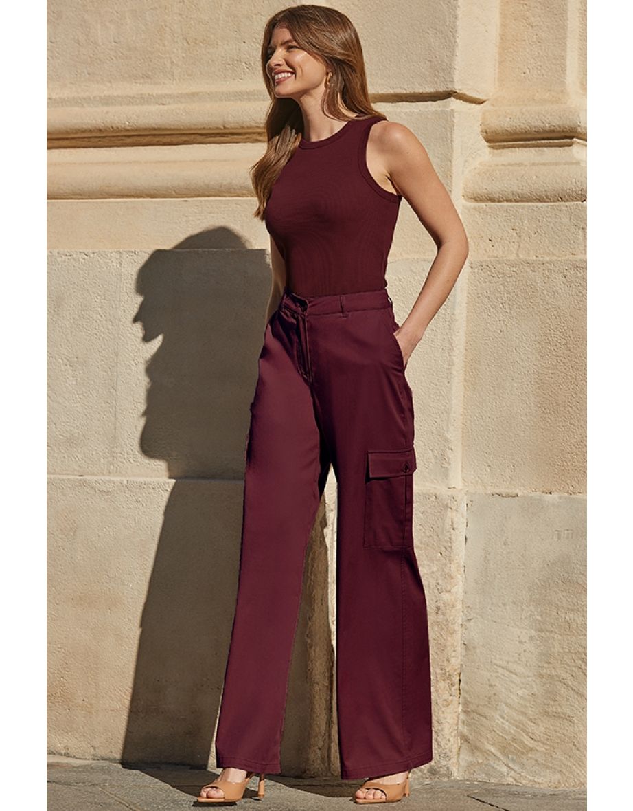Burgundy Wide Leg Cargo Trousers