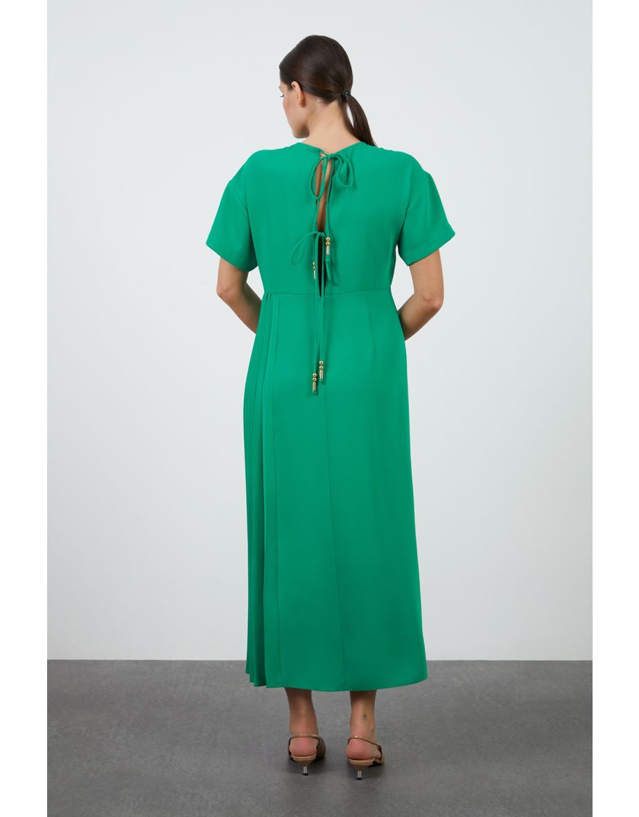 Green Dress with Side Pleats and Back Tie Detail - 2