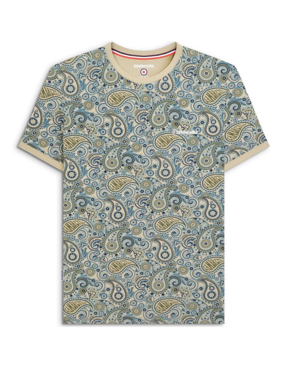 Lambretta Mens Paisley Brand Short Sleeve Crew Neck Cotton T-Shirt Top Tee