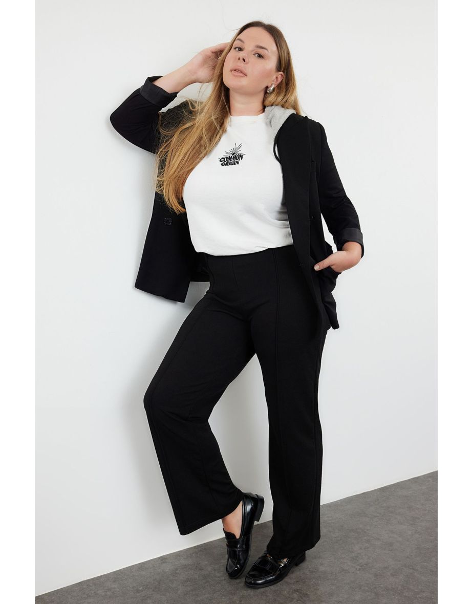 Black Rib Detailed Elastic Waist Knitted Wide Leg Plus Size Trousers