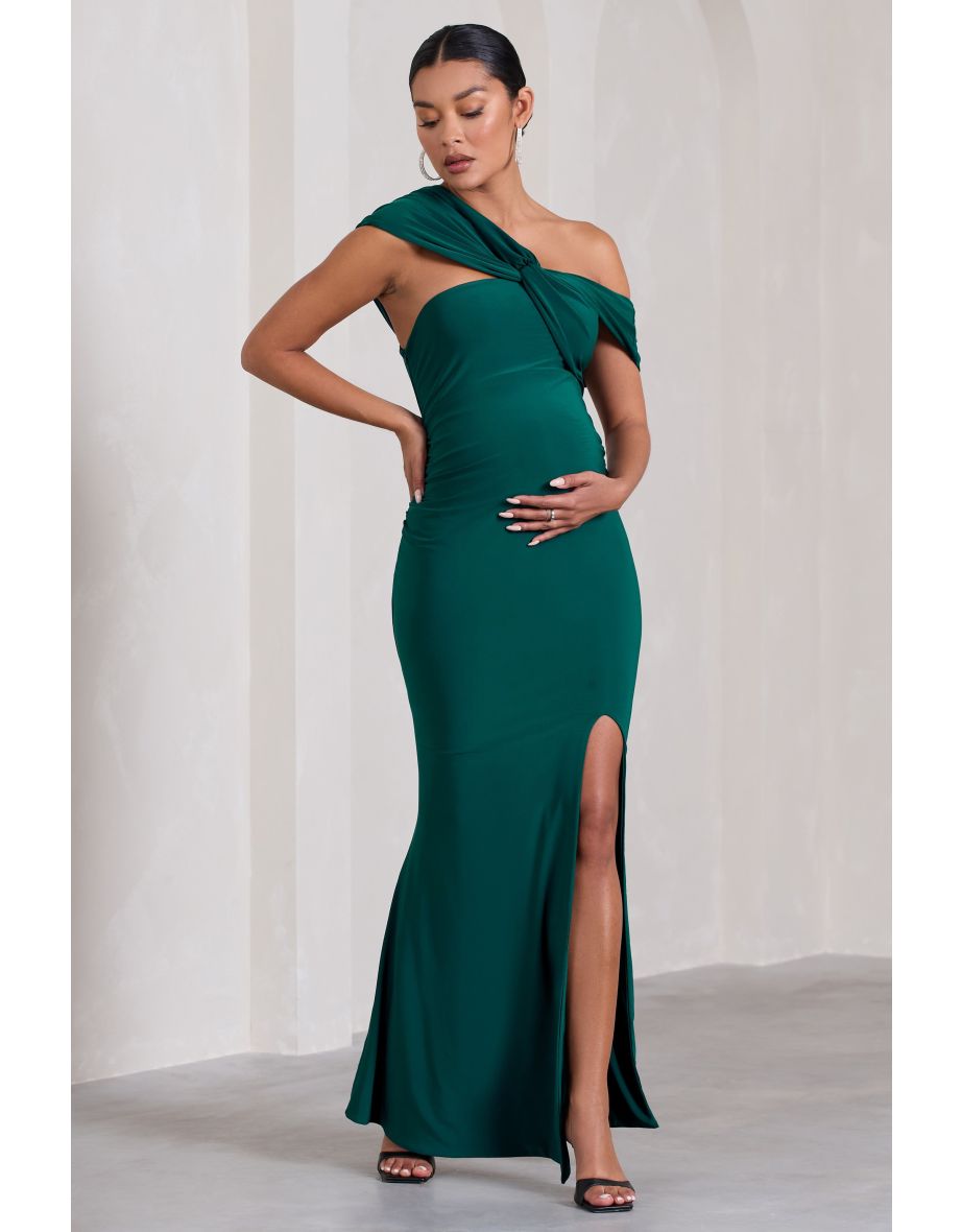 Shop Kara Bottle Green Asymmetric Twisted Bardot Split Maternity Maxi Dress Online in Oman VogaCloset