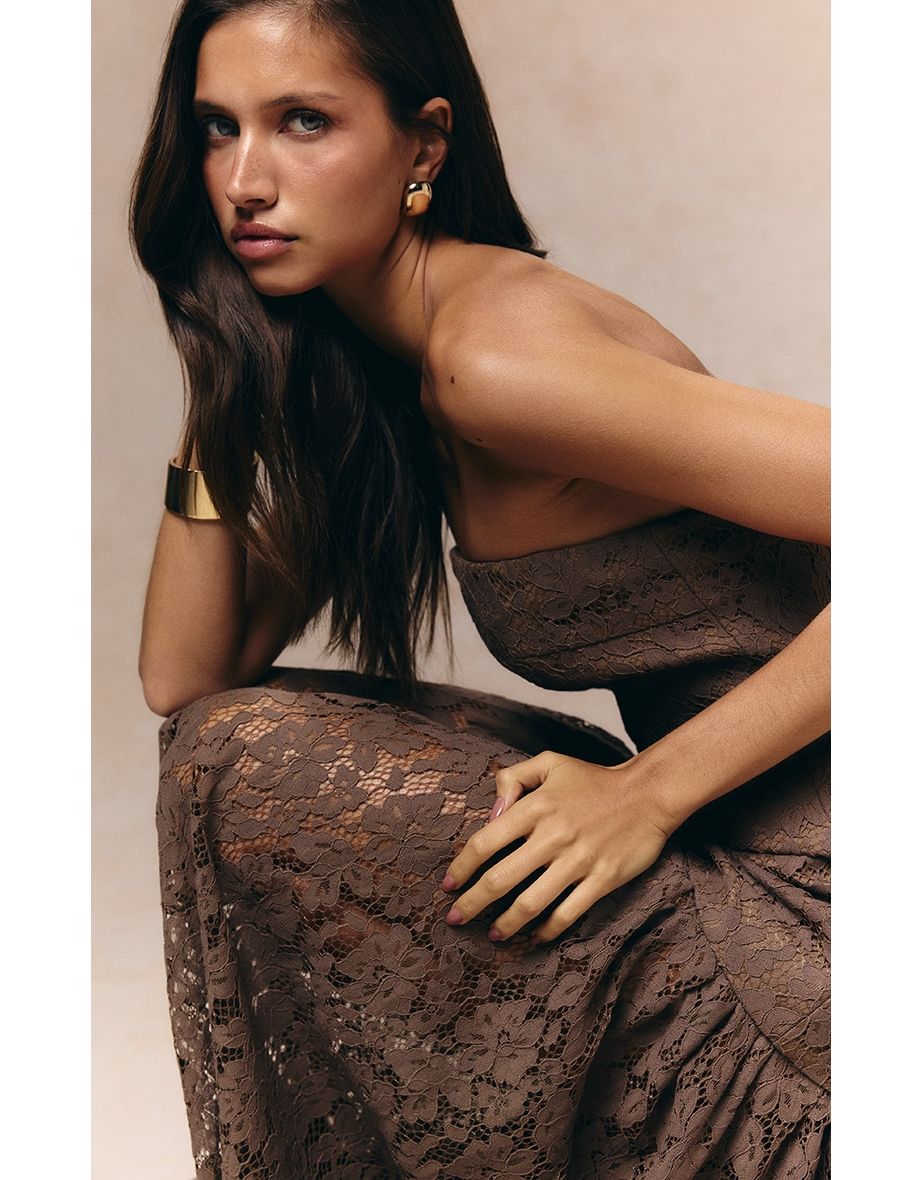 Taupe Lace Sheer Skirt Panel Bandeau Maxi Dress - 3