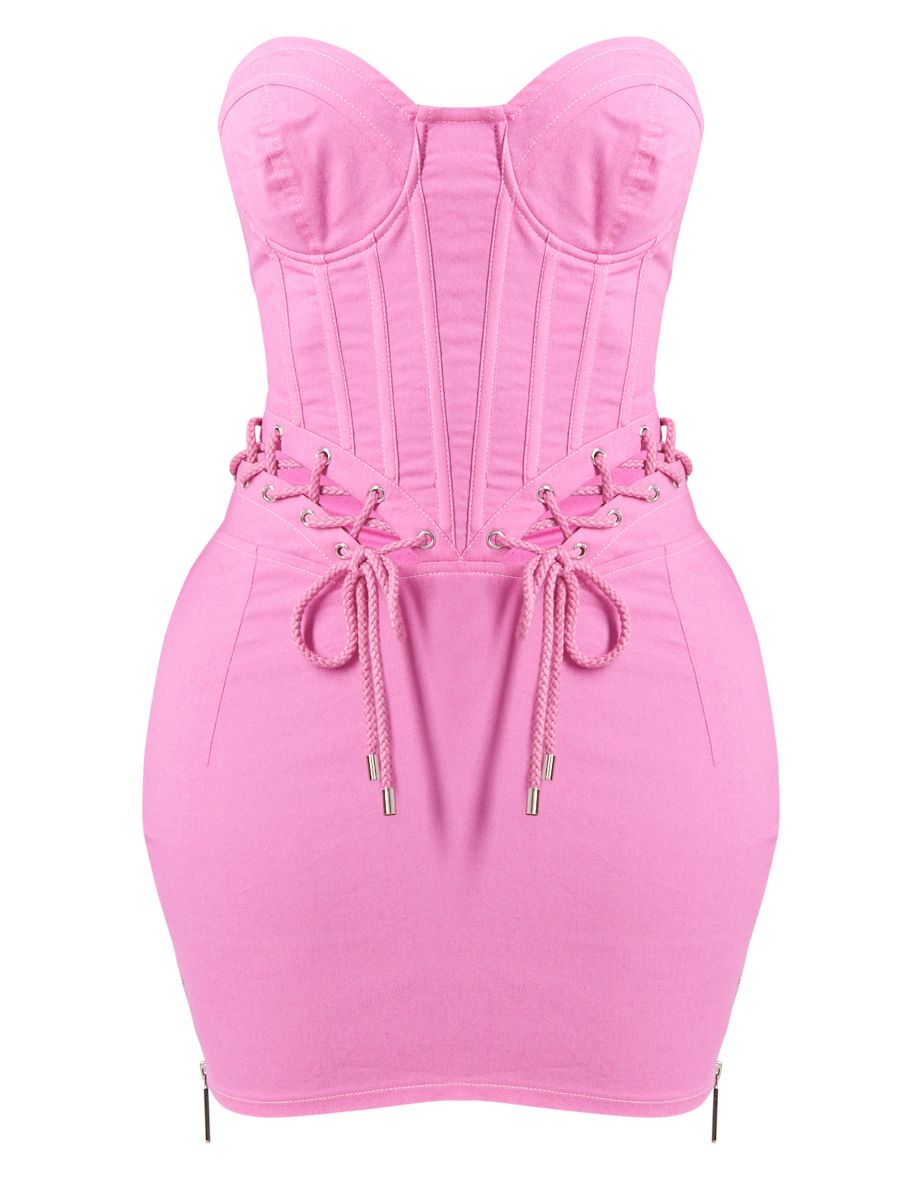 Shape Pink Rope Detail Lace Up Corset Bodycon Dress - 4